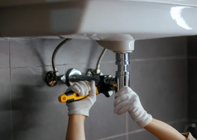 A-plumber-tightens-a-chrome-drain-pipe-under-a-white-sink-with-a-wrench-focusing-on-a-home-repair-task-in-a-bathroom-setting