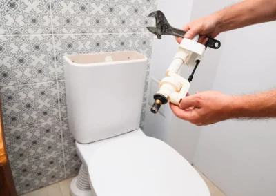 Close-up-of-a-handymans-hands-holding-a-replacement-toilet-fill-valve-and-a-wrench-while-working-on-the-cistern